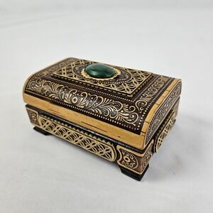 Vintage Russian Trinket Box Keepsake Hand Carved Wood Malachite Stone EUC